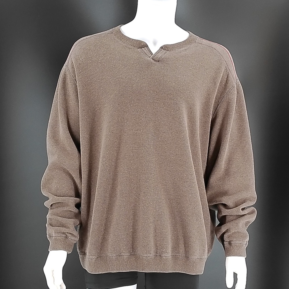 Tommy Bahama Mens Brown Split Neck Pullover Sweater Marlin Logo Contrast Stitch